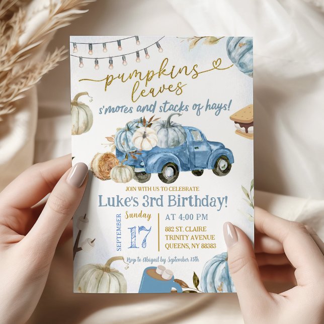 Blue Pumpkin Leaves and S'more Fall Birthday Boy Invitation (Creator Uploaded)