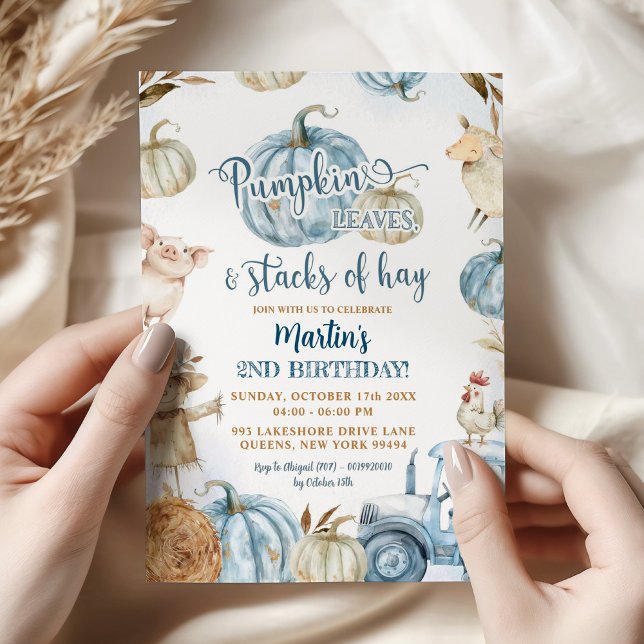 Blue Pumpkin Leaves and Stacks of Hay Birthday Invitation (Creator Uploaded)