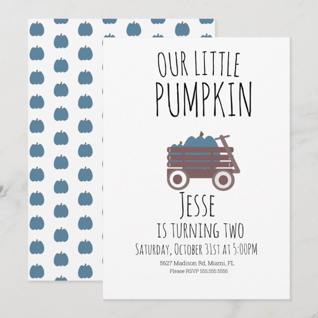 Blue Pumpkin Patch Halloween Pumpkins Wagon Invitation (Front/Back)