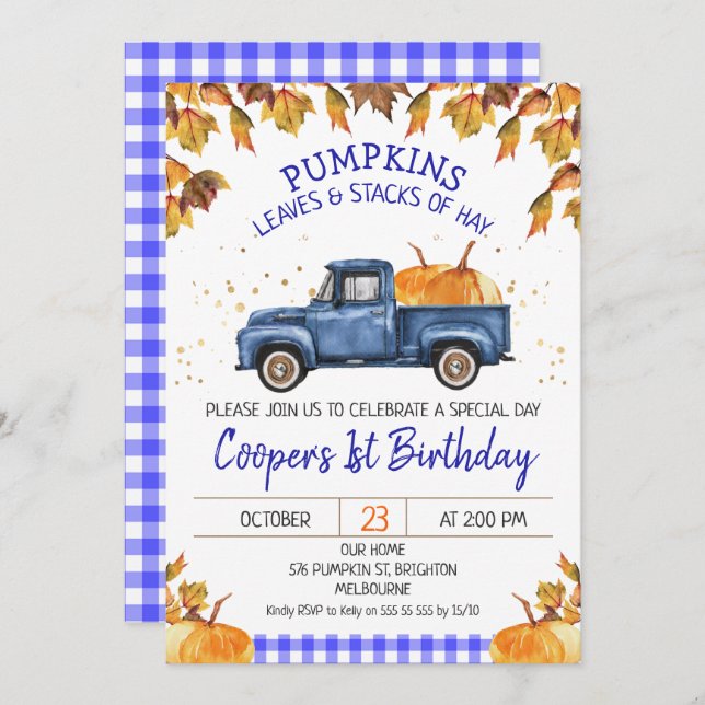 Blue Pumpkin Truck Autumn Foliage Birthday Invitation (Front/Back)