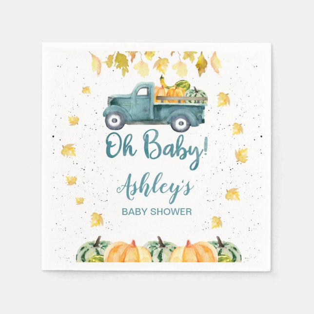 Blue Pumpkin Truck Autumn Leaves Baby Shower Paper Napkin (Front)