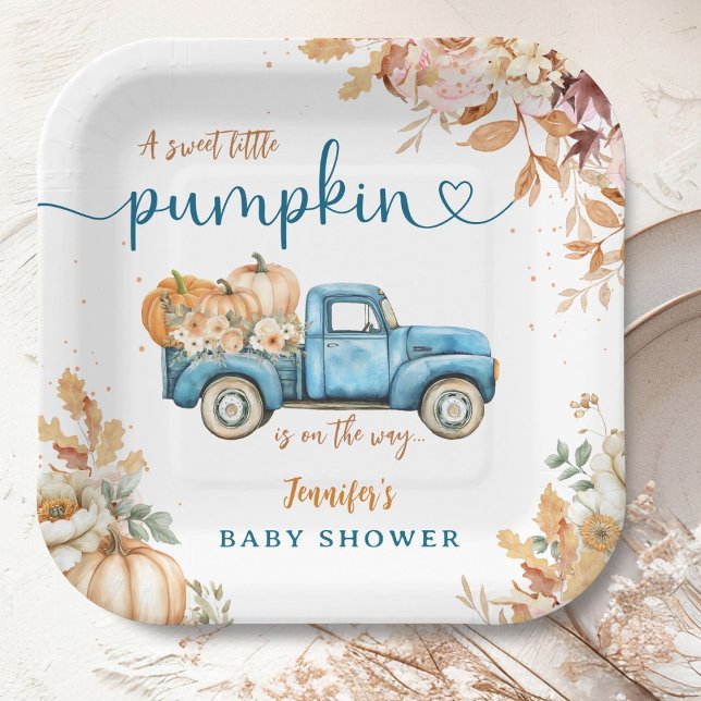 Blue Pumpkin Truck Baby Shower Fall Autumn Paper Plate (Creator Uploaded)