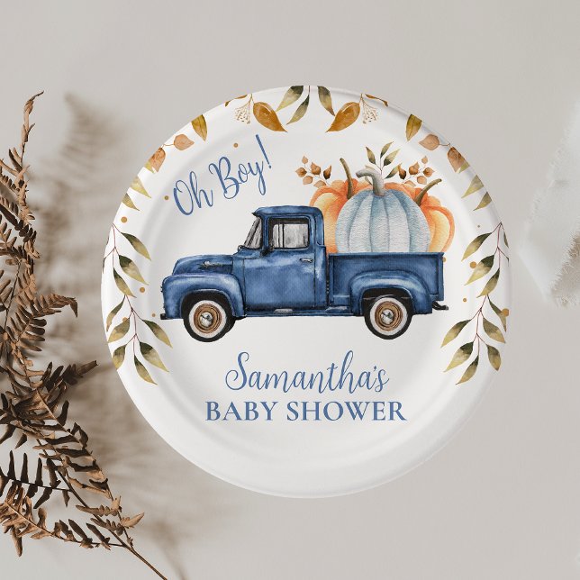 Blue Pumpkin Truck Baby Shower Paper  Paper Plate (Editable Blue Little Pumpkin Truck Baby Shower Paper Plate, Fall Baby Shower Napkin Boy, )
