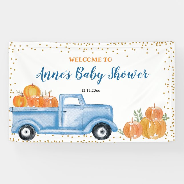 Blue Pumpkin Truck Baby Shower Party Banner (Horizontal)