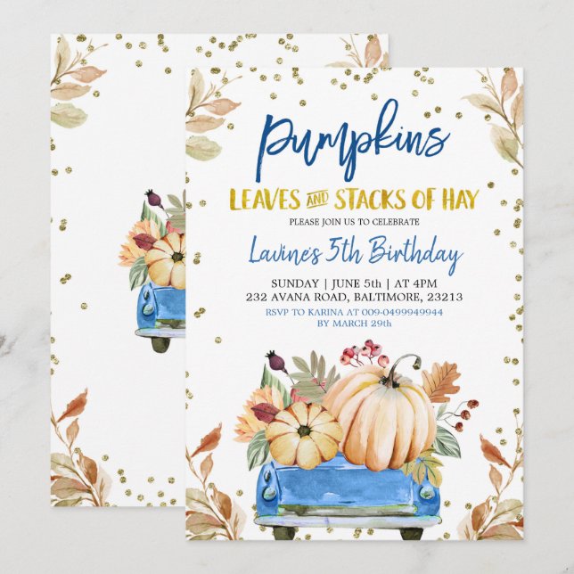 Blue Pumpkin Truck Birthday Invitation (Front/Back)