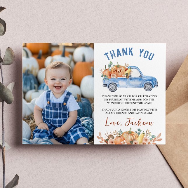 Blue Pumpkin Truck Birthday Photo Thank You Card (Creator Uploaded)