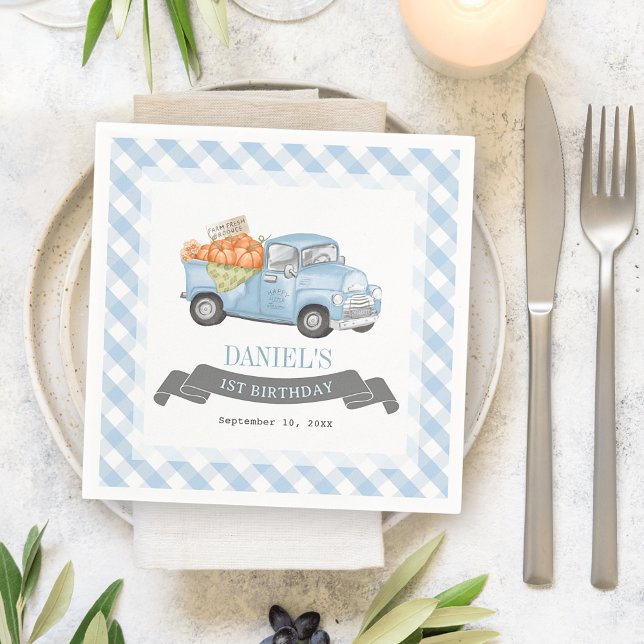 Blue Pumpkin Truck Gingham Boy 1st Birthday Napkin (Creator Uploaded)