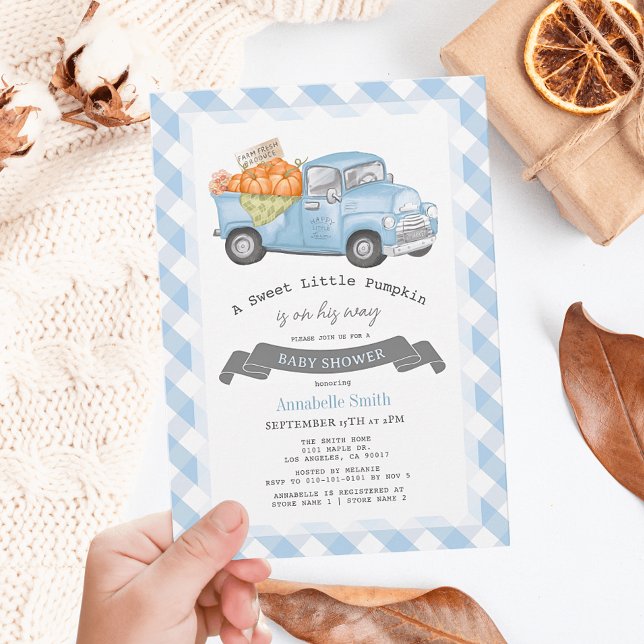 Blue Pumpkin Truck Gingham Boy Baby Shower Invitation (Creator Uploaded)