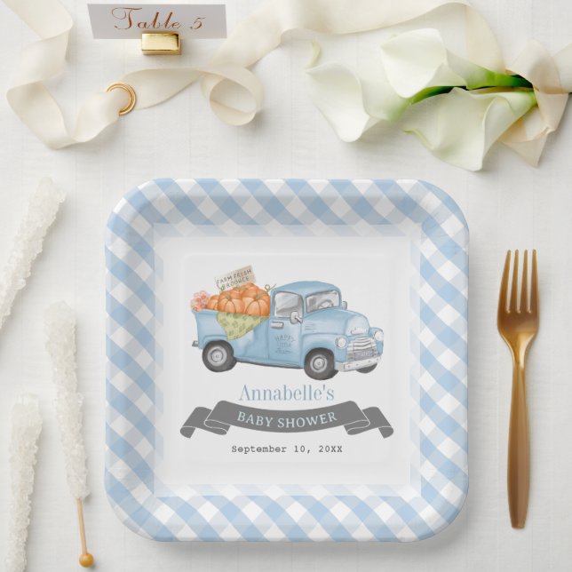 Blue Pumpkin Truck Gingham Boy Baby Shower Paper Plate (Wedding)
