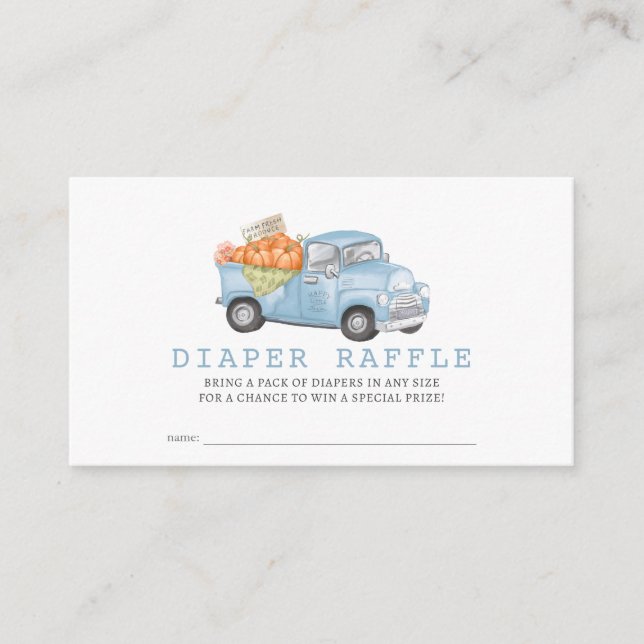 Blue Pumpkin Truck Gingham Diaper Raffle Ticket Enclosure Card (Front)