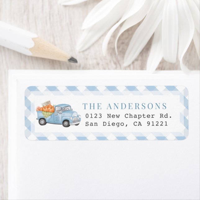 Blue Pumpkin Truck Gingham Return Address Return Address Label (Insitu)