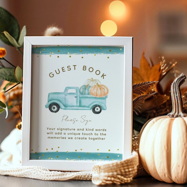 Blue Pumpkin Truck Modern Fall Baby Shower Book Poster (Creator Uploaded)