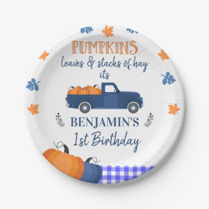 Blue Pumpkin Truck Pumpkin Leaves And Hay Birthday Paper Plate