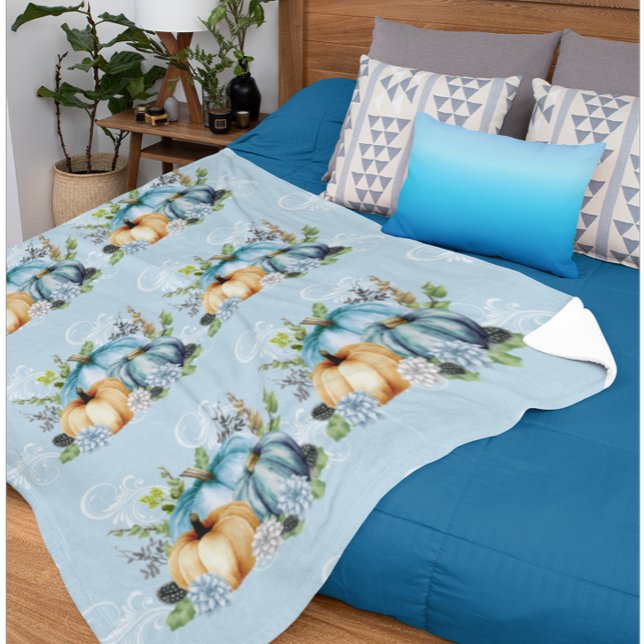Blue Pumpkin Watercolor Autumn  Fleece Blanket (Creator Uploaded)