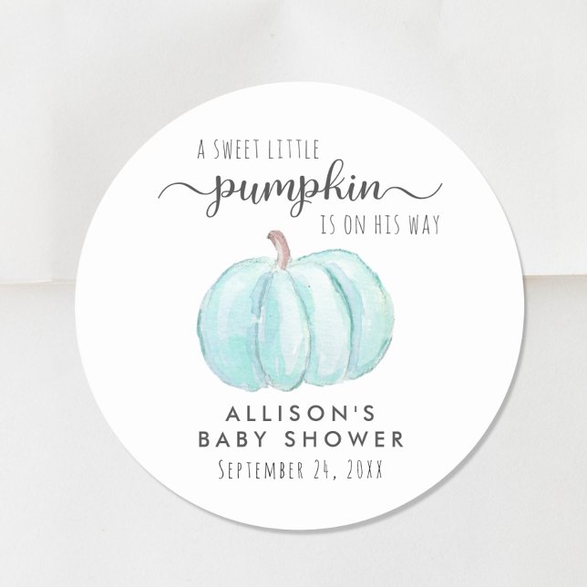 Blue Pumpkin Watercolor Baby Boy Shower Classic Round Sticker (Creator Uploaded)