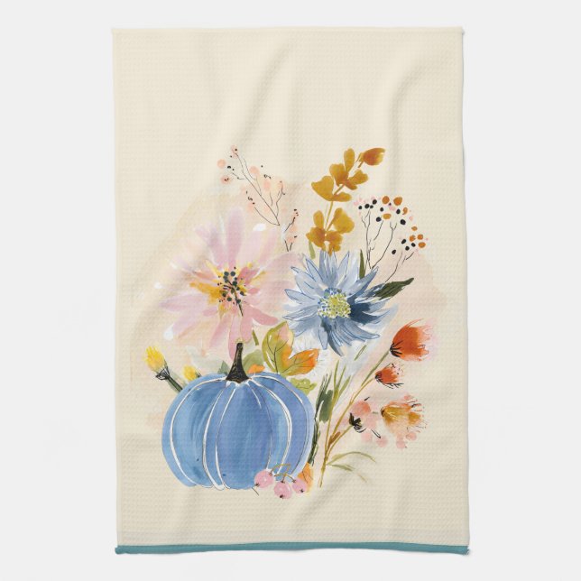 Blue Pumpkin & Wildflower Watercolor | Fall Floral Tea Towel (Vertical)