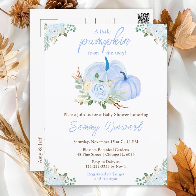 Blue Pumpkins Floral Baby Shower Postcard (Creator Uploaded)