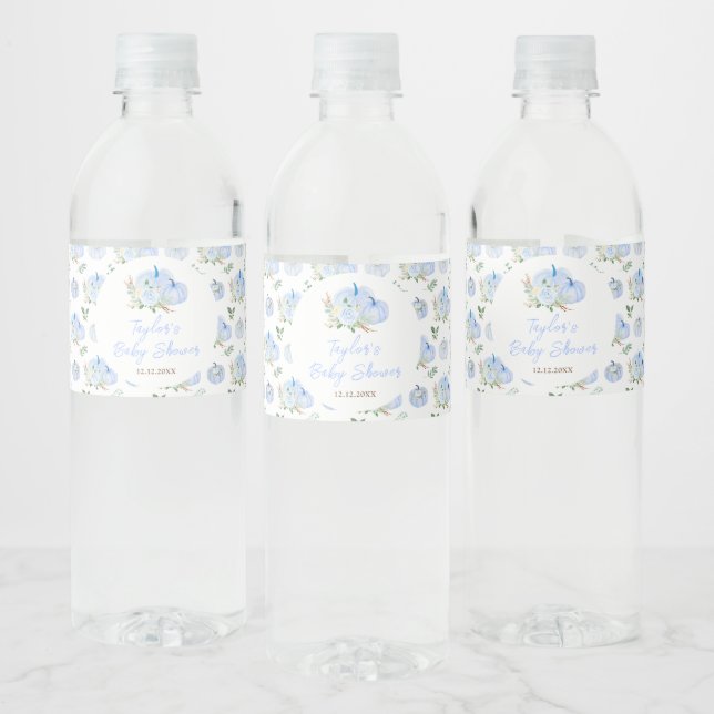 Blue Pumpkins Floral Baby Shower Water Bottle Label (Bottles)
