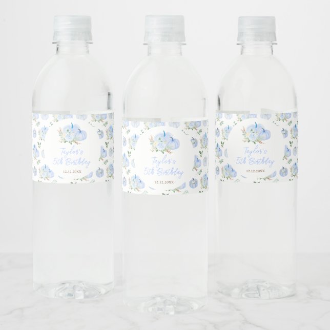 Blue Pumpkins Floral Birthday Party Water Bottle Label (Bottles)