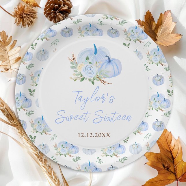 Blue Pumpkins Floral Sweet Sixteen Paper Plate (Creator Uploaded)