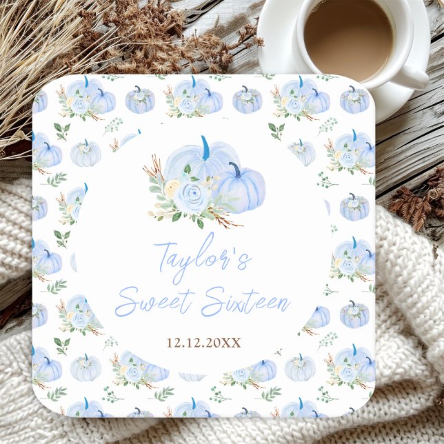 Blue Pumpkins Floral Sweet Sixteen Square Paper Coaster (Creator Uploaded)
