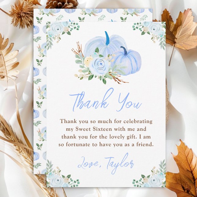 Blue Pumpkins Floral Sweet Sixteen Thank You Card (Creator Uploaded)