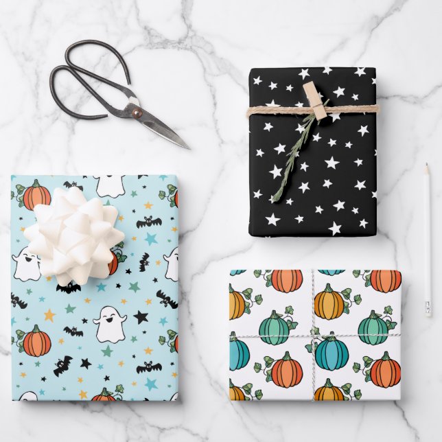 Blue Pumpkins Ghosts Halloween Mixed Patterns Wrapping Paper Sheet (Front)