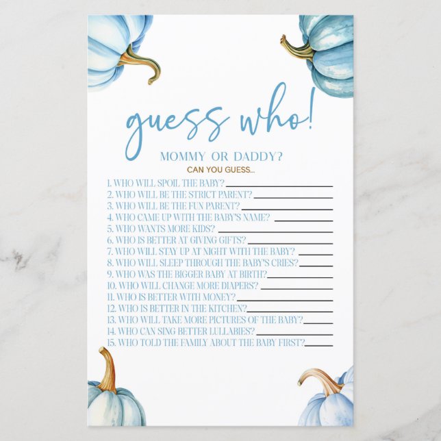 Blue Pumpkins Guess Who Baby Shower Game (Front)