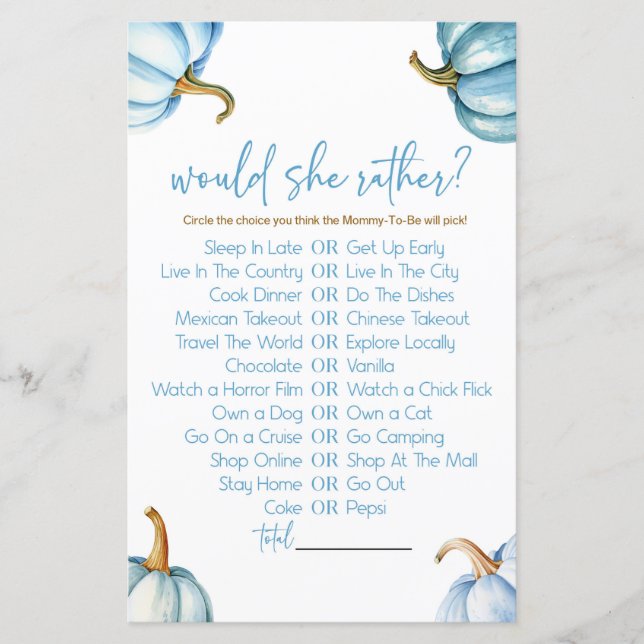 Blue Pumpkins Would She Rather Baby Shower Game (Front)