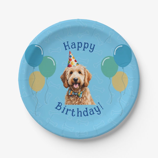 Blue Puppy Dog Birthday Paw-ty Paper Plate (Front)