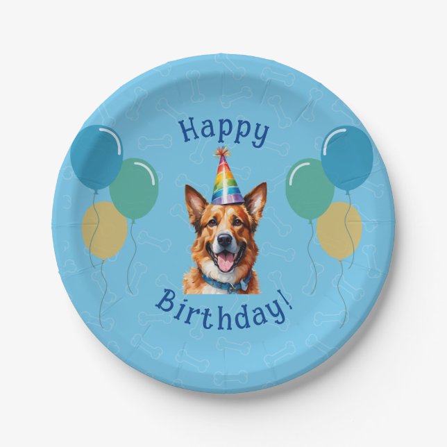 Blue Puppy Dog Birthday Paw-ty Paper Plate (Front)