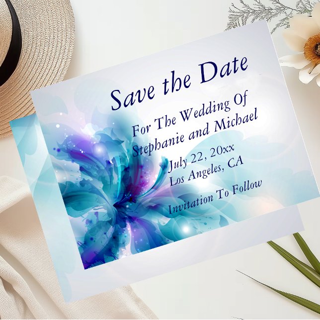 Blue & Purple Abstract Floral Save the Date-1 Announcement Postcard (Creator Uploaded)
