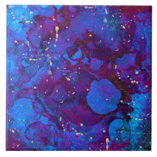 Blue purple alcohol ink with faux golden splashes ceramic tile