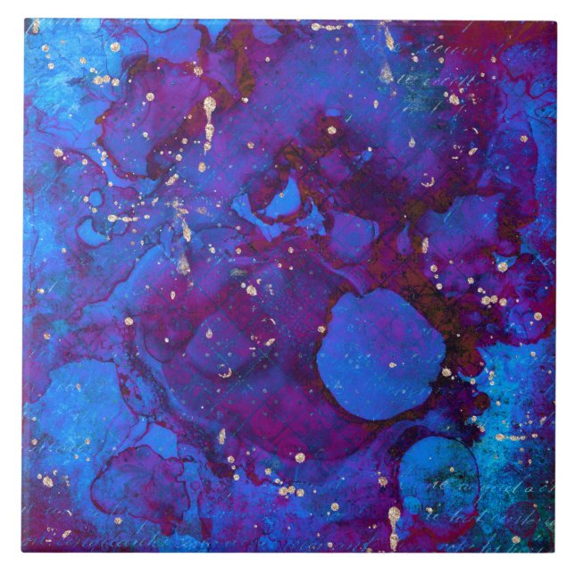 Blue purple alcohol ink with faux golden splashes ceramic tile (Front)