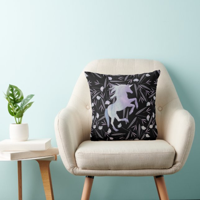 Blue Purple and Black Unicorn & Floral Pattern Cushion (Chair)