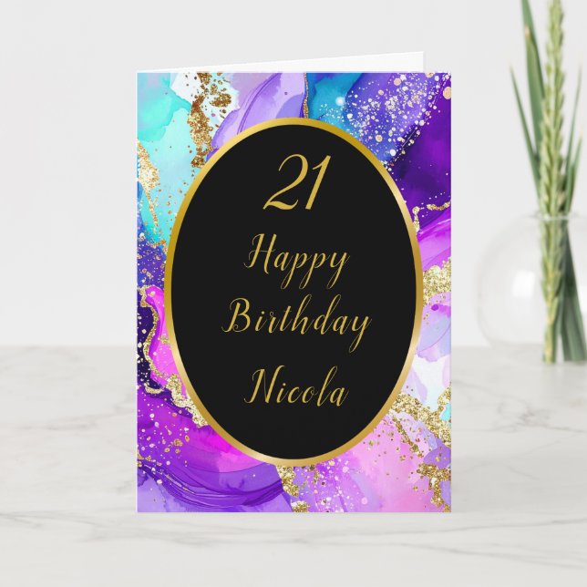 Blue, Purple and Gold Ink Birthday Party Card (Front)