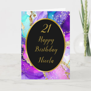 Blue, Purple and Gold Ink Birthday Party Card