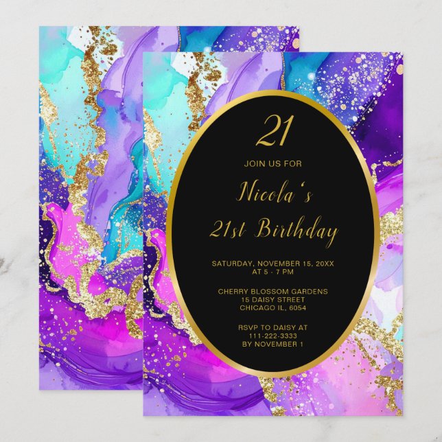 Blue, Purple and Gold Ink Birthday Party Invitation (Front/Back)
