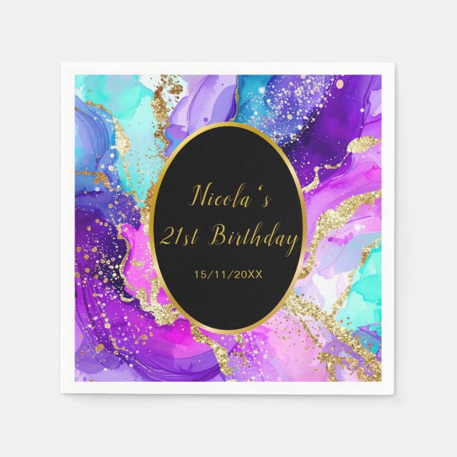 Blue, Purple and Gold Ink Birthday Party Napkin (Front)