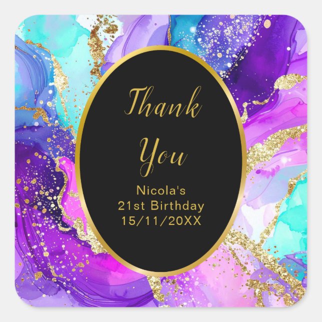 Blue, Purple and Gold Ink Birthday Party Square Sticker (Front)