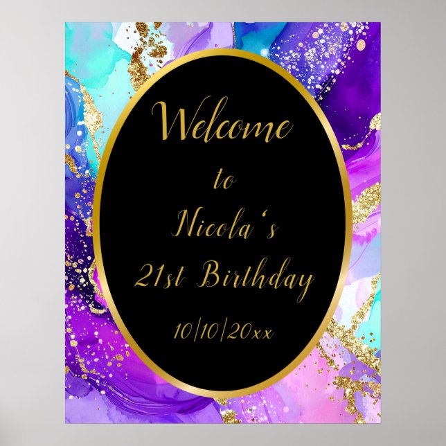 Blue, Purple and Gold Ink Birthday Party Welcome Poster (Front)
