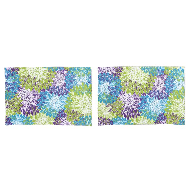 Blue, Purple and Lime Green Mums Pillowcase (Front-Set)