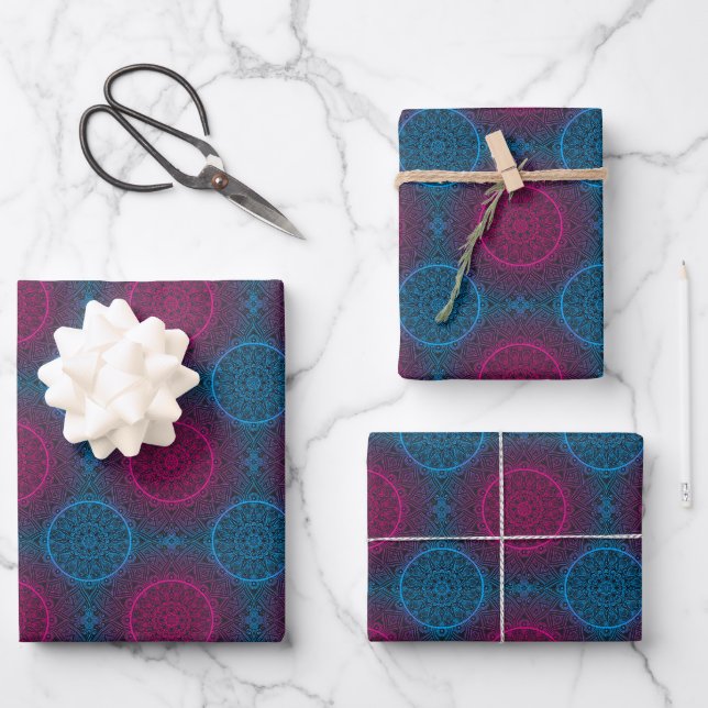 Blue Purple and Pink Circle Mandala   Wrapping Paper Sheet (Front)