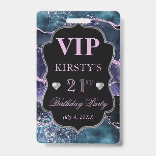 Blue, Purple and Pink Glitter Agate Birthday VIP ID Badge