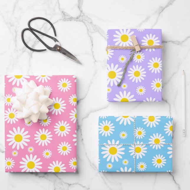 Blue, Purple and Pink Mixed Spring Daisies  Wrapping Paper Sheet (Front)