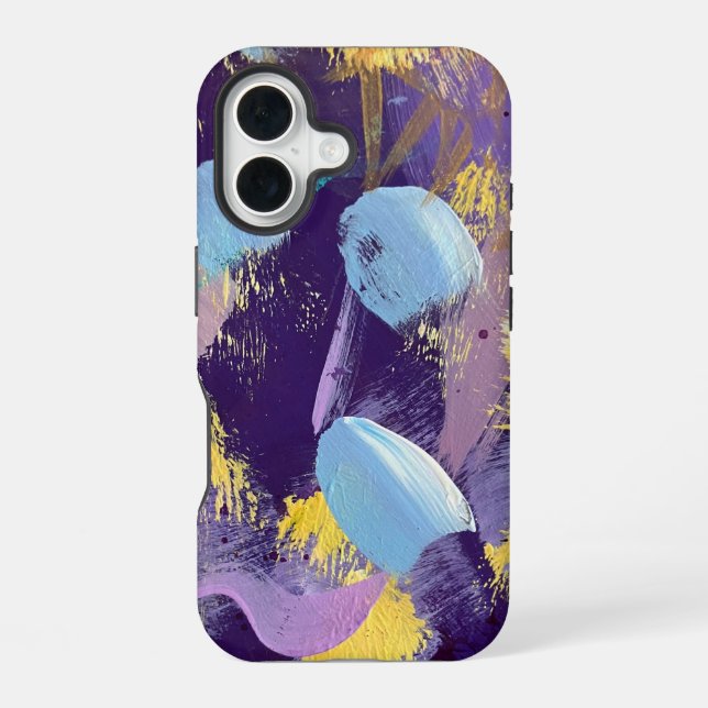 Blue, purple, and yellow abstract art iPhone 16 case (Back)
