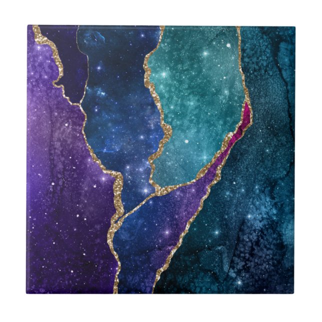 Blue Purple Aqua Gold Veins Agate Ceramic Tile (Front)
