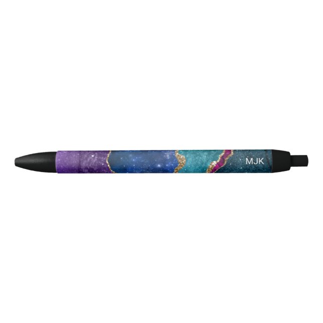 Blue Purple Aqua Gold Veins Agate Monogram Black Ink Pen (Front)