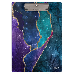 Blue Purple Aqua Gold Veins Agate Monogram Clipboard