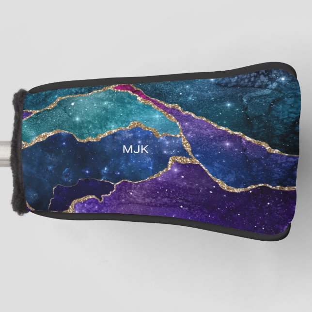 Blue Purple Aqua Gold Veins Agate Monogram Golf Head Cover (Front)